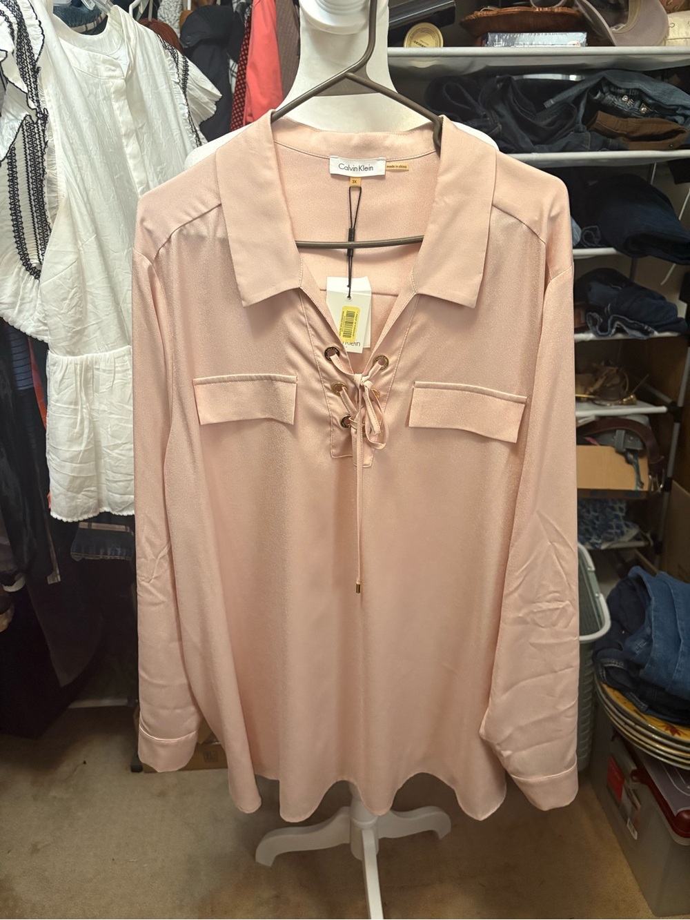 New Calvin Klein Women's Pink Lace-Up Collar Blouse
